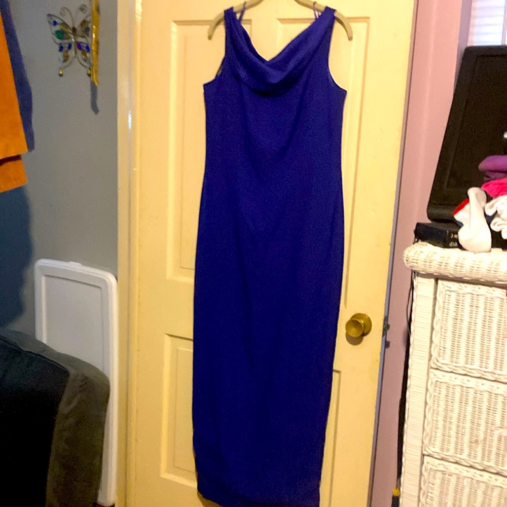 Women's size 14 formal dress in cobalt blue.Low back , cowl neck is shiny satin